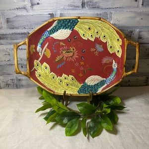 Tracy Porter Artesian Road 18” oval Serving Platter Tray Handles Peacock Pattern
